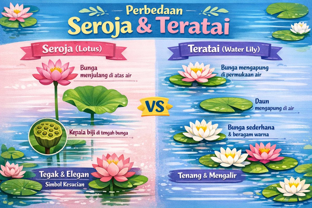 Beda dong kak hehehhee

Kalau bunga Seroja, alias lotus itu nama latinnya adalah Nelumbo nucifera. Ini bunga tuh punya karakter yang lebih mencolok dibanding tanaman air lain. Bunganya tumbuh menjulang di atas permukaan air dengan batang yang kokoh, kayak seolah-olah pengen