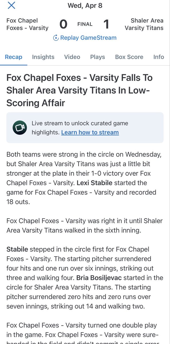 LexiStabile29's tweet image. Big game tonight against defending WPIAL champs. Did not end in our favor but proud of my team and our 🔥defense! 

#WPIALsoftball @fcfoxessoftball 
#Freshman #Classof2029