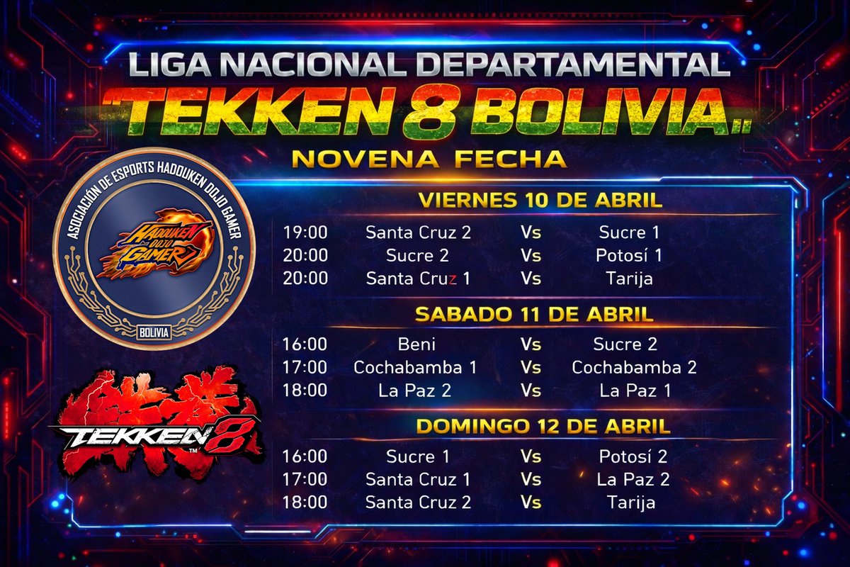 HDGTeam_'s tweet photo. Novena Fecha | Liga Nacional Departamental de Tekken 📷
La pelea por la cima continúa. Revisa los encuentros en la imagen y únete al stream para apoyar a tu departamento:
📷 https://t.co/vuIXrEmuiF https://t.co/lEwPr8F4QL