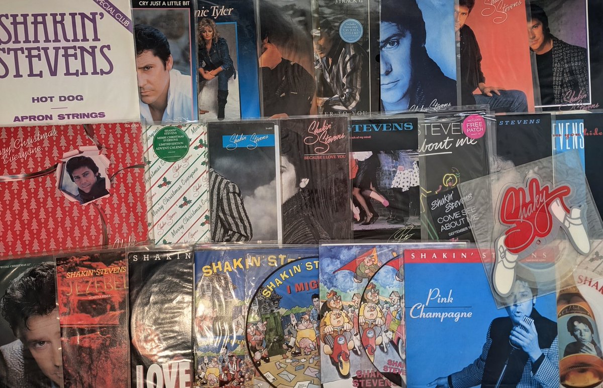 paultakeone's tweet photo. A photoshoot with me and my @officialShaky  Shakin' Stevens collection in the works for a magazine, I'll give more details when I can. It was nice dusting off my records from boxes to photograph, here's just a snippet. I forgot I still had so much stuff! https://t.co/06hhbIIT5J