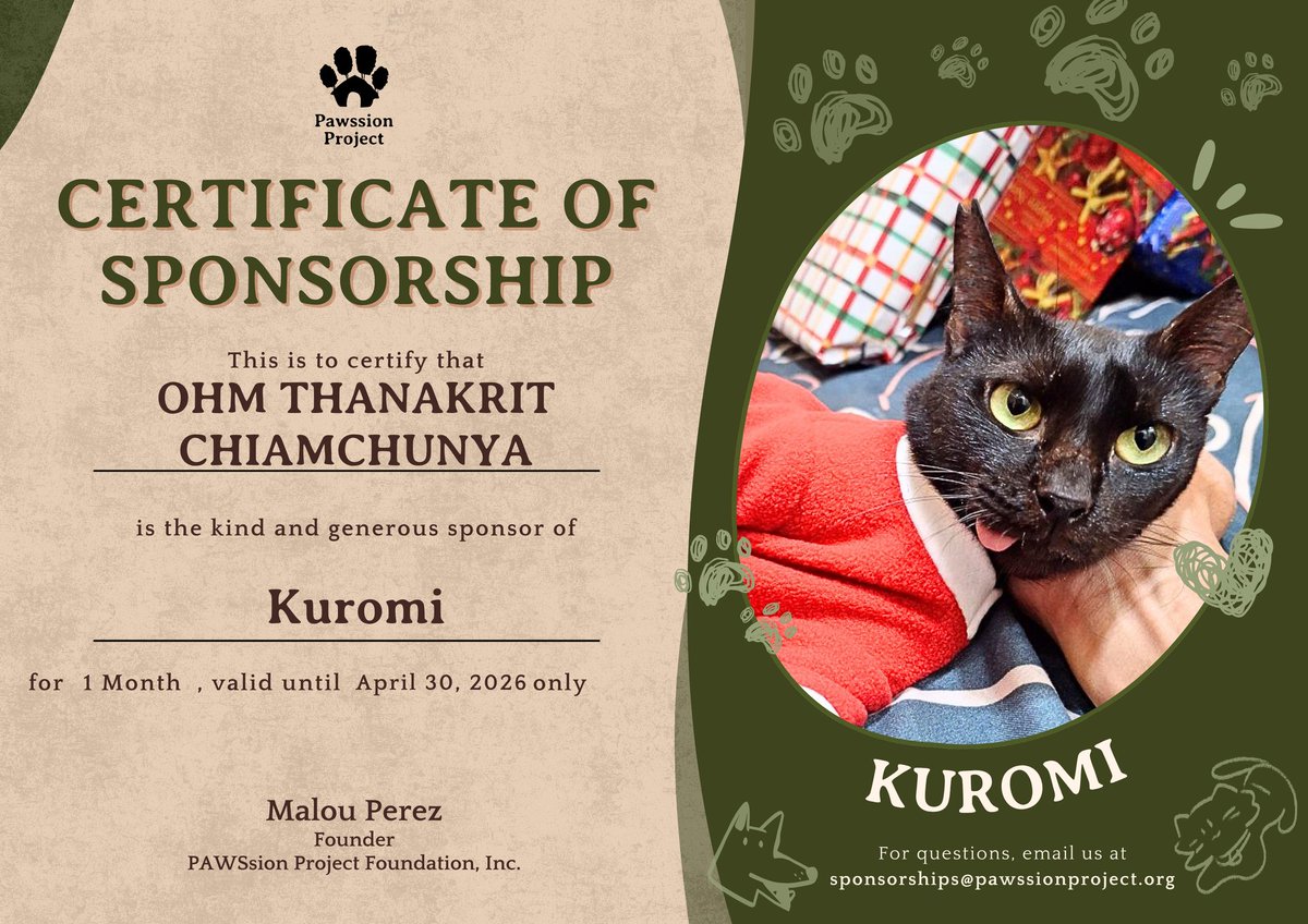 JimmyOhmPH's tweet photo. ˚⋆.𐙚 ̊ OHM KRITTY MEOW MEOW ⋆.𐙚 ̊
As a gift to Ohm, we present his sponsorship certificate for Kuromi's welfare. She is under the care of Pawssion Project, a non-profit organization who provides a home to over 3000 abused and neglected animals.
Described to be the most gentle, kind, and sweetest cat, we believe that she is a reflection of Ohm's qualities. Just like what he said, "we love and appreciate divas with kind soul".
Happy Birthday Ohm!
OHMKRIT 25TH CHAPTER
#OHM25THBDAY
#ohmkrit | @ohmkrit 𐙚