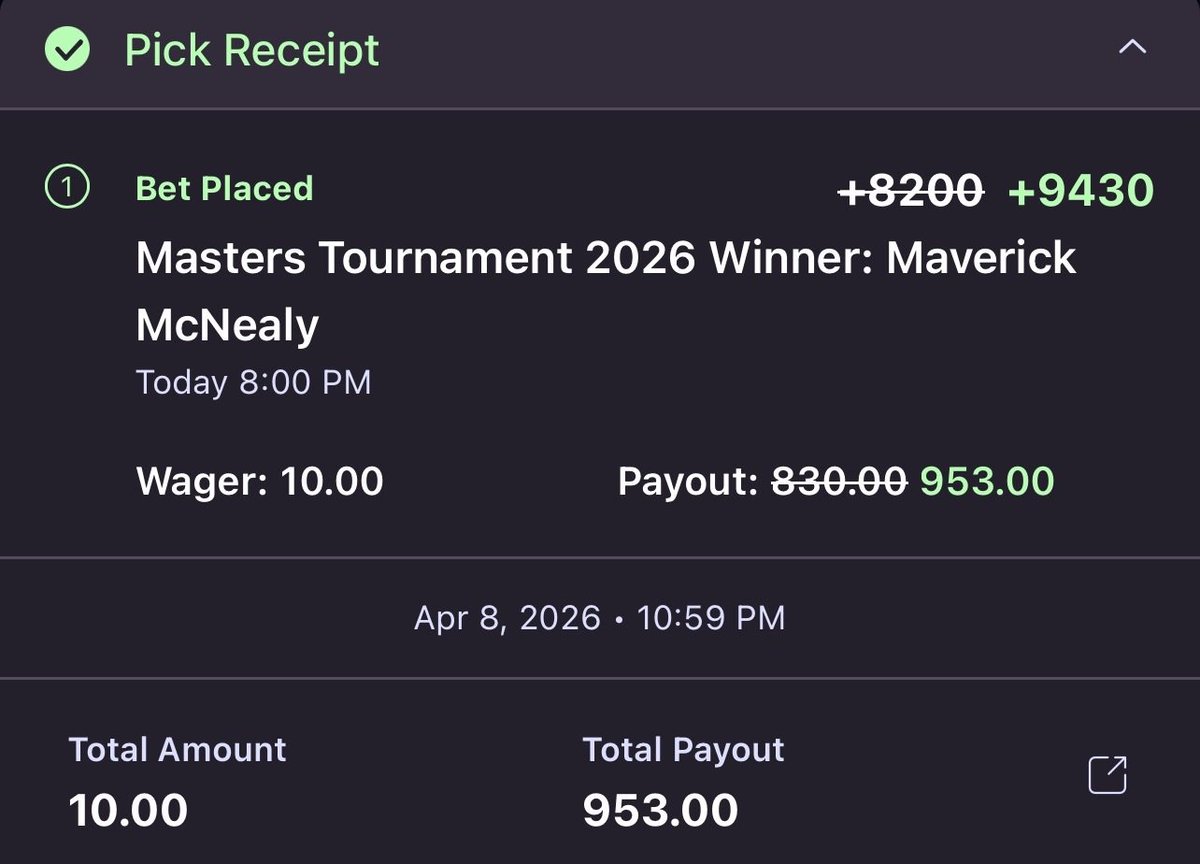 GhostEVplays's tweet image. ⛳️ Onyx Odds Winner Boost

⛳️ +9430 (FV +6530)
+EV: 43.90%
Playing: 0.06 Unit Promo Max

#onyx #odds #sports #golf #pga