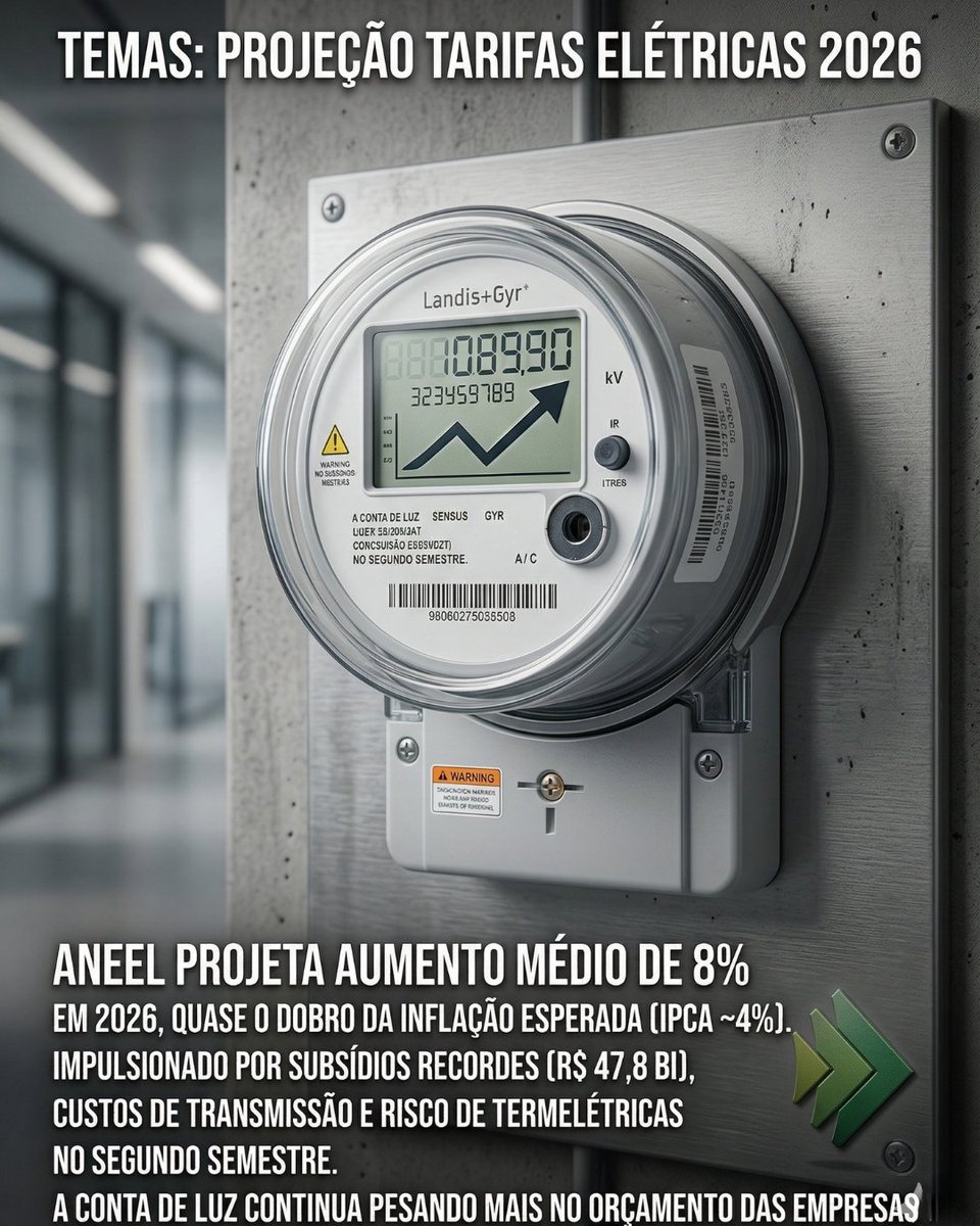 RobertoFeijosc's tweet photo. A ANEEL projeta aumento médio de 8% nas tarifas de energia elétrica em 2026, quase o dobro da inflação esperada (IPCA ~4%). Impulsionado por subsídios recordes (R$ 47,8 bi), custos de transmissão e risco de termelétricas no segundo semestre, a conta de luz continua pesando mais no orçamento das empresas.Cansado de abordagens amadoras que não reduzem sua conta de energia?Migre agora para o Mercado Livre de Energia com iGreen e garanta previsibilidade, economia real e energia renovável.
Fale com a Venturo Negócios → https://t.co/dcK640zIVn
