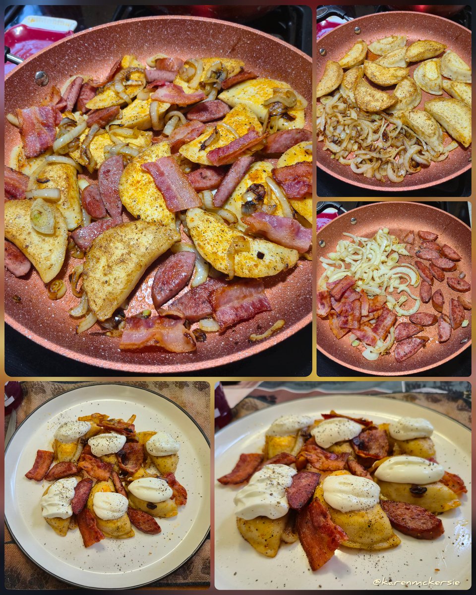 karenmckersie's tweet image. 😋🥟 Dinner: Potato &amp;amp; Cheese Perogies fried with Onions, Garlic Sausage &amp;amp; Bacon topped with sour cream, Delicious! 😋🥟🥓
#dinner #Perogies #Bacon #Food #HomemadeEats