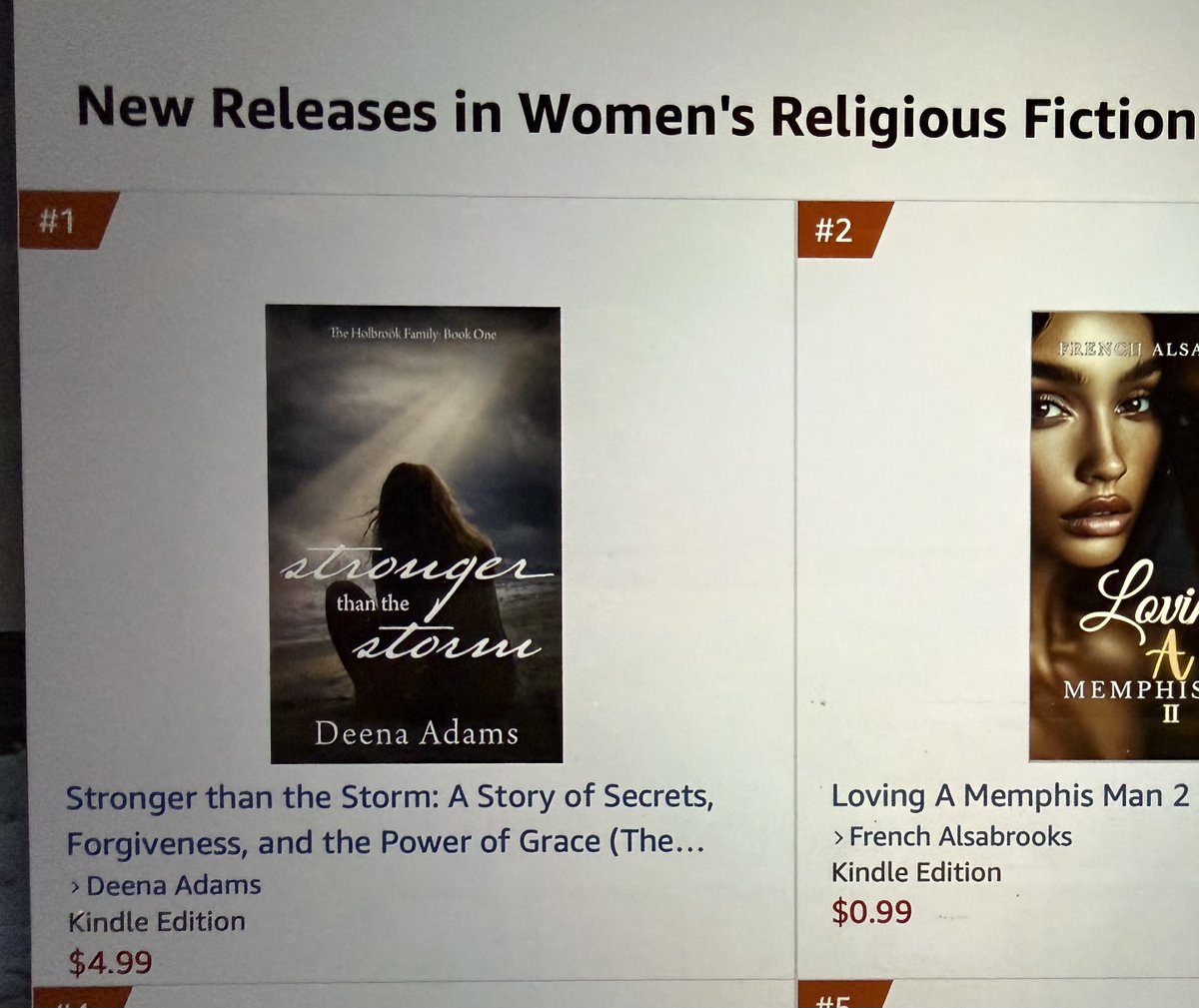 Deenamadams's tweet photo. My debut novel, Stronger than the Storm, releases on April 28, and it just hit #1 on Amazon's Women's Religious Fiction New Releases! Thank you to all who have preordered!

I know this is a fleeting moment, but I'm celebrating while I can!

#debutauthor https://t.co/N5pxYzvcJM