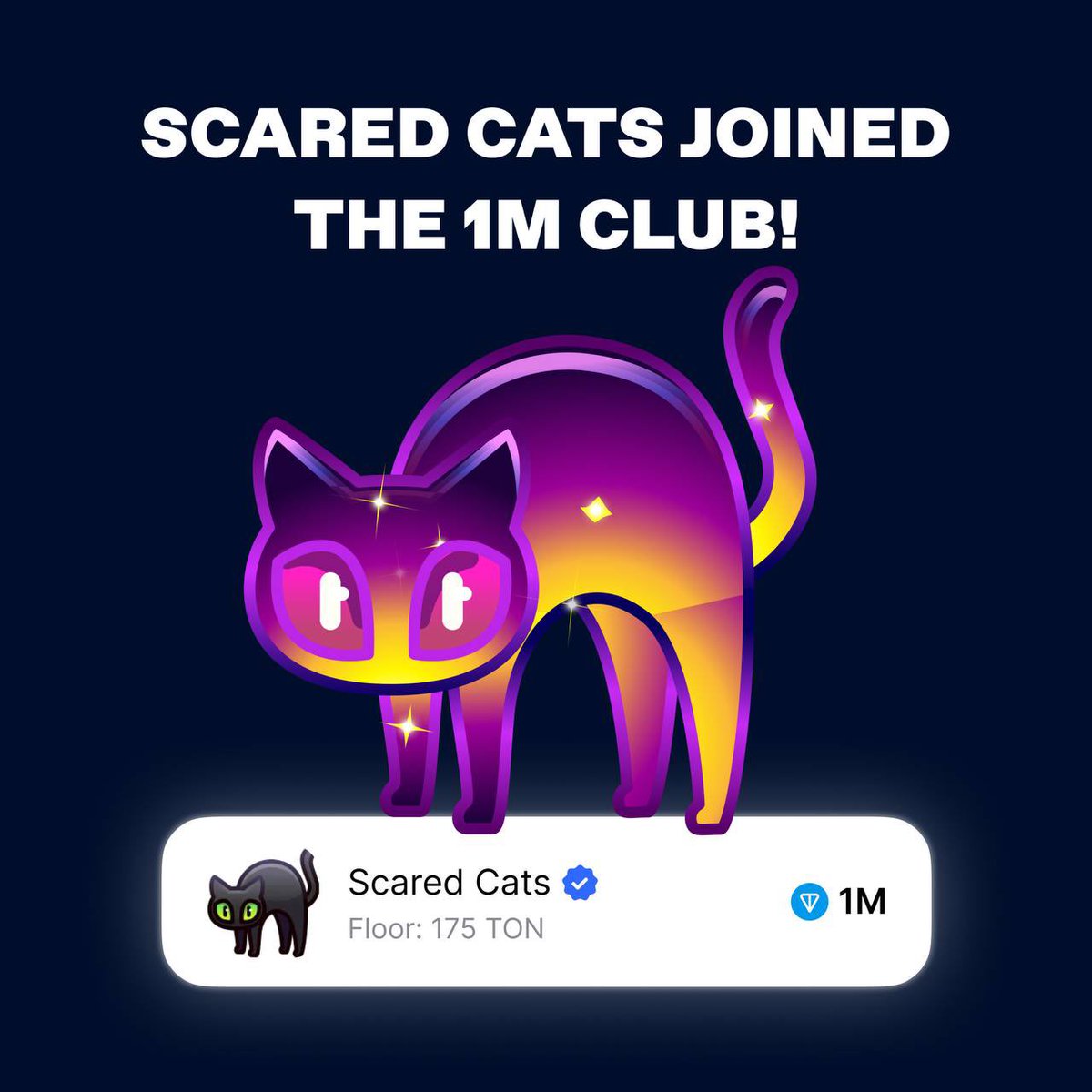 thefinbless's tweet photo. Scared Cats joined the 1M club! 🐈‍⬛

Scared Cats has officially surpassed 1,000,000 TON in total trading volume, becoming the 9th NFT collection ever to cross this milestone on TON 💎 https://t.co/ZdD1SjYM4p