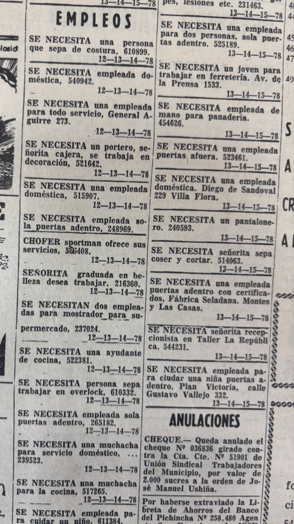 skhunt92's tweet photo. En los 1970s el 80 % de anuncios Clasificados eran para “señoritas de buena presencia para servicio doméstico puertas adentro”.

No hay nombre para las formas de esclavitud que vivieron las “empleadas domésticas” en Ecuador durante décadas.

—Quito, 6 de abril de 1978 https://t.co/H4Y0EFPjMh