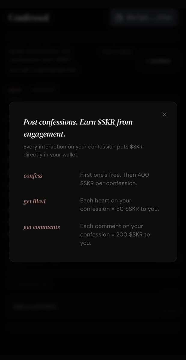 Just submitted a dApp to <a href="/solanamobile/">Seeker | Solana Mobile</a> App Store 

The app is called Confessol, an anonymous confession app on Solana where your confessions literally pay you.

Here's how it works: 
-  Post your confession anonymously 
❤️ Every like = 50 $SKR sent to YOU 
💬 Every comment = 200