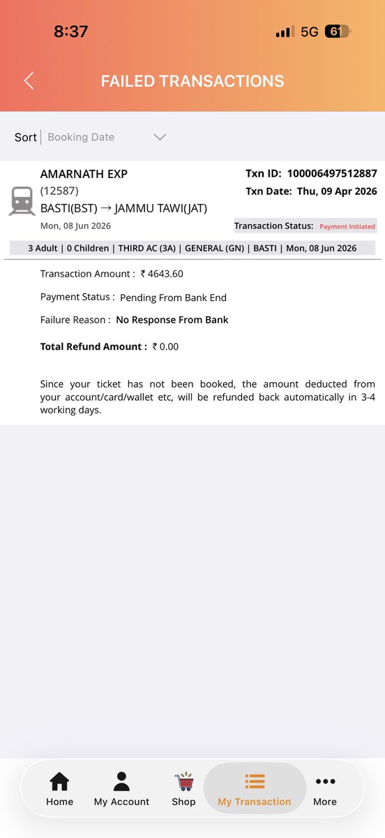 impiyush97's tweet image. After waiting 1 hr, tried booking ticket from Basti to Jammu Tawi on IRCTC. Amount deducted but transaction failed &amp;amp; showing “pending from bank end”. No ticket booked. Very disappointing. Kindly resolve ASAP or refund immediately. @RailMinIndia #IRCTC #Refund @IRCTCofficial