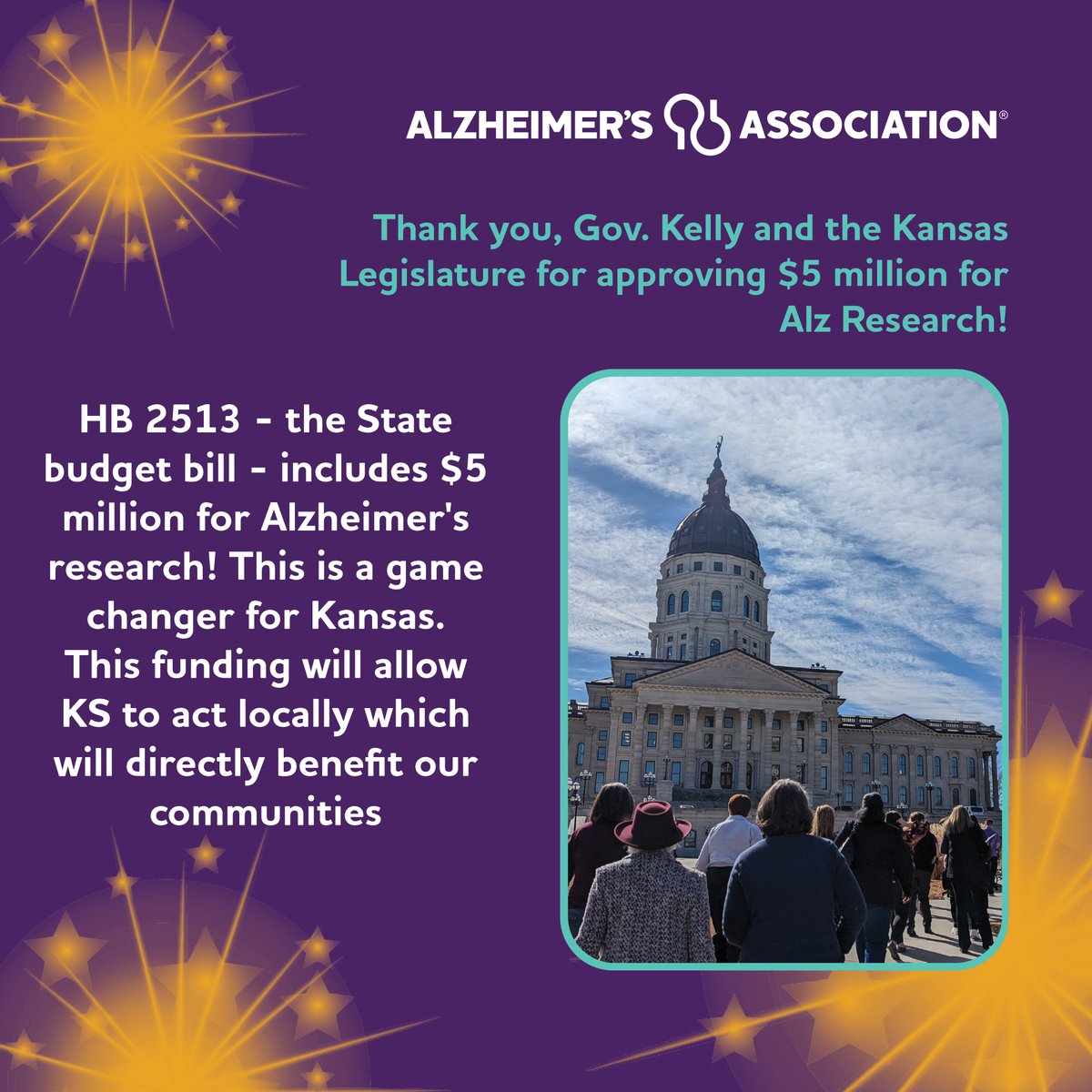 A big win for Kansas! Investing in Alzheimer's research today will help Kansas families and reduce the long-term cost on our health care system in the future. #ksleg #ENDALZ