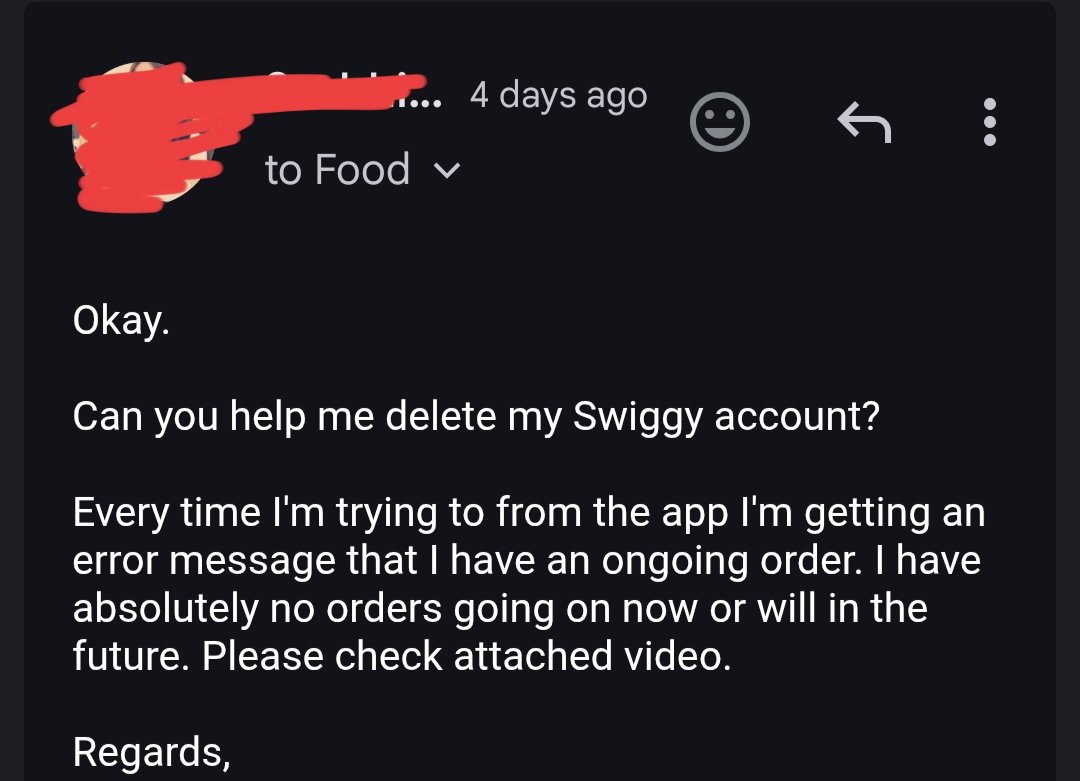 trrishsha's tweet photo. @Swiggy @SwiggyCares it's been 4 days. Can someone respond to my email and let me know? https://t.co/9242kQ43BX