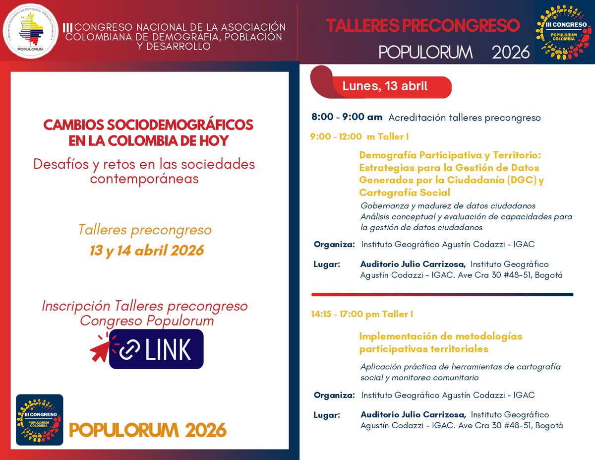 asopopulorum's tweet photo. 📌¡Talleres Pre-Congreso ! 

Inscribete al III Congreso @asopopulorum y participa de estos espacios.

🗓️13 y 14 Abril
📍@igacColombia @UExternado
💻Inscripciones: https://t.co/dVwRtcKJcV

@UNFPAColombia @BancoRepublica @cepal_onu @DANE_Colombia @UnivalleCol @ALAP_LA @DDemogColmex https://t.co/ZCZ89G9aya