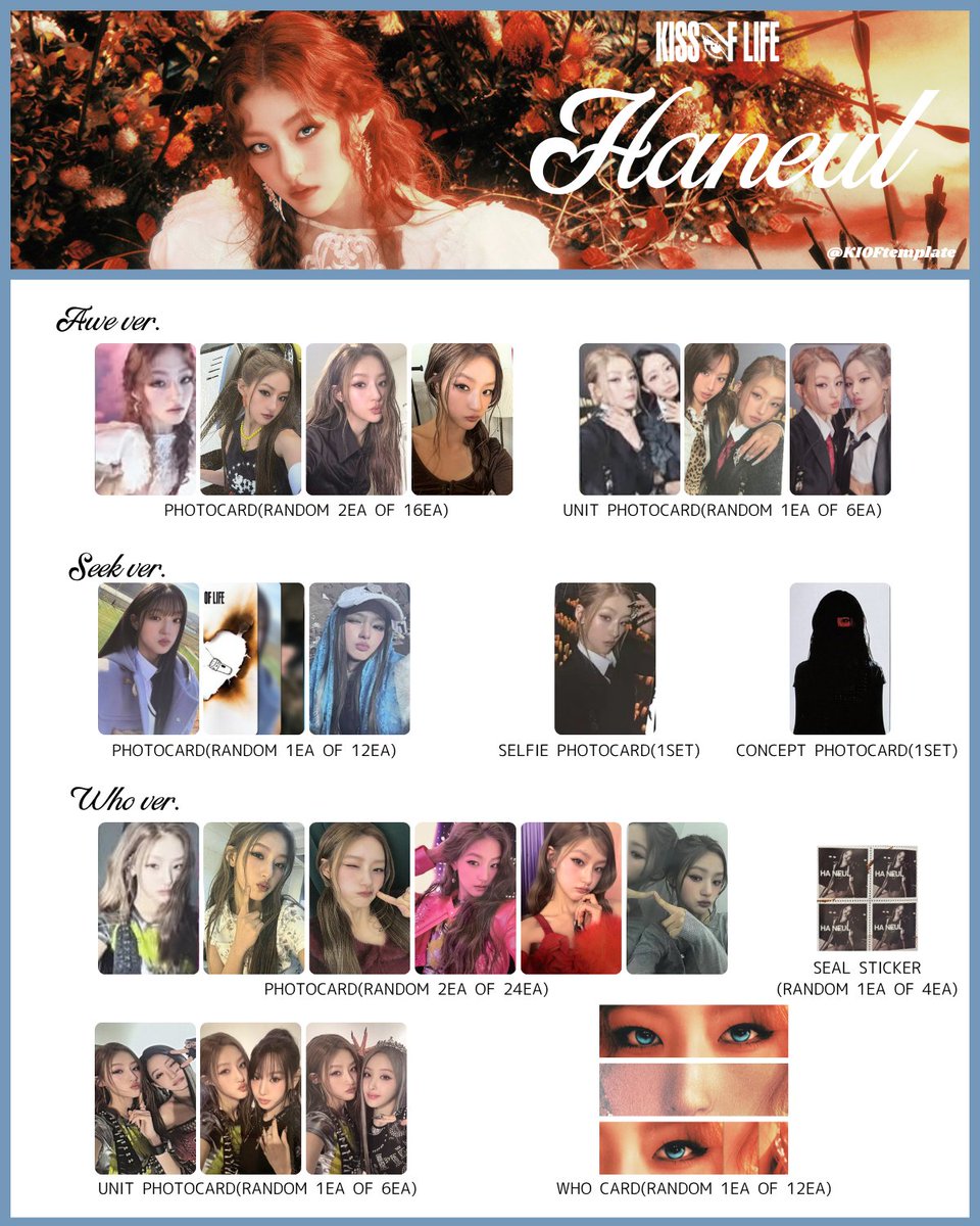 KIOFtemplate's tweet image. KISS OF LIFE 2nd Single Album [Who is she] 
&amp;gt;ALBUM RANDOM INCLUSIONS (MEMBER)

✅️JULIE NATTY BELLE (PC)
🟩HANEUL

KISSOFLIFE キオプ templates template pc 키스오브라이프 키오프 포카 トレカ 一覧 KIOF
#KISSOFLIFE #키스오브라이프
#KIOFtemplate #Who_is_she