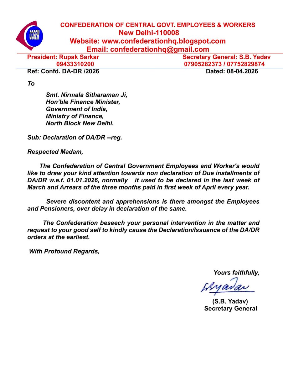 🚩 DA/DR from 01.01.2026 is still not announced. It is usually declared by March-end with arrears in April. This delay is causing frustration among lakhs of employees and pensioners. The Confederation has urged Smt.Nirmala Sitharaman to take immediate action.
#Dearnessallowance