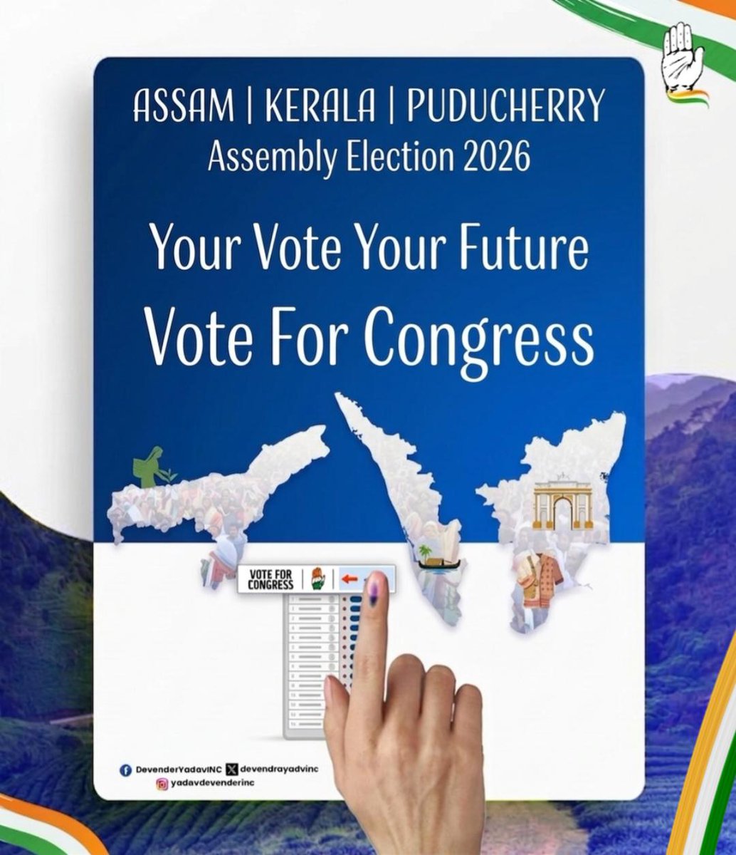 devendrayadvinc's tweet image. An Appeal to the people of Assam, Kerala &amp;amp; Pundcherry to Vote for Progress and Prosperity!

Vote for Congress and ensure a better future for your state.

#Elections #Assam #Kerala #Pundcherry