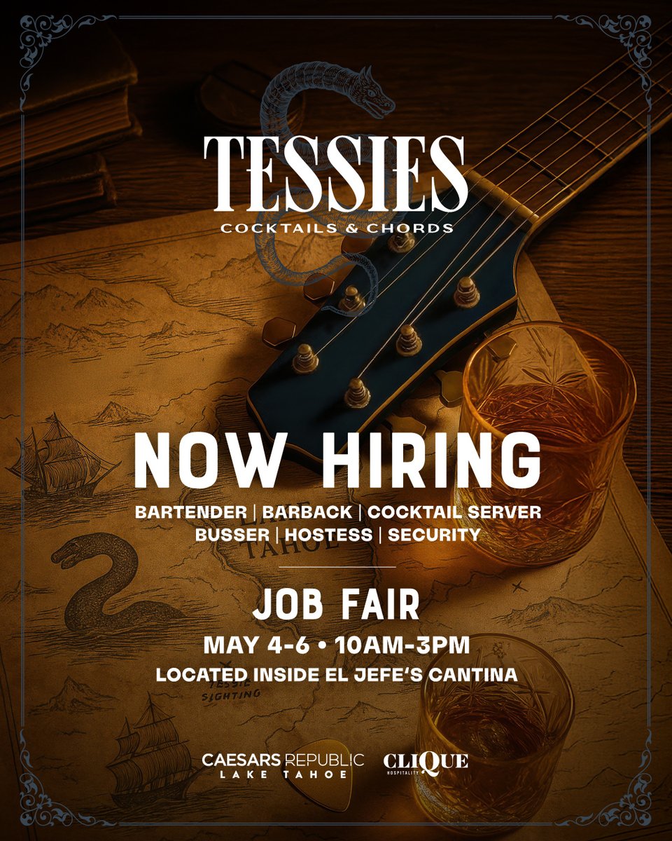 tessiestahoe's tweet photo. South Tahoe’s newest live music and party destination, Tessie’s Cocktails &amp; Chords, is now accepting applications + Job Fair May 4th, 5th, &amp; 6th at El Jefe's Cantina inside Caesars Republic Lake Tahoe. Submit your applications today at https://t.co/CGga8c5mNO https://t.co/GRlG0qpbP5