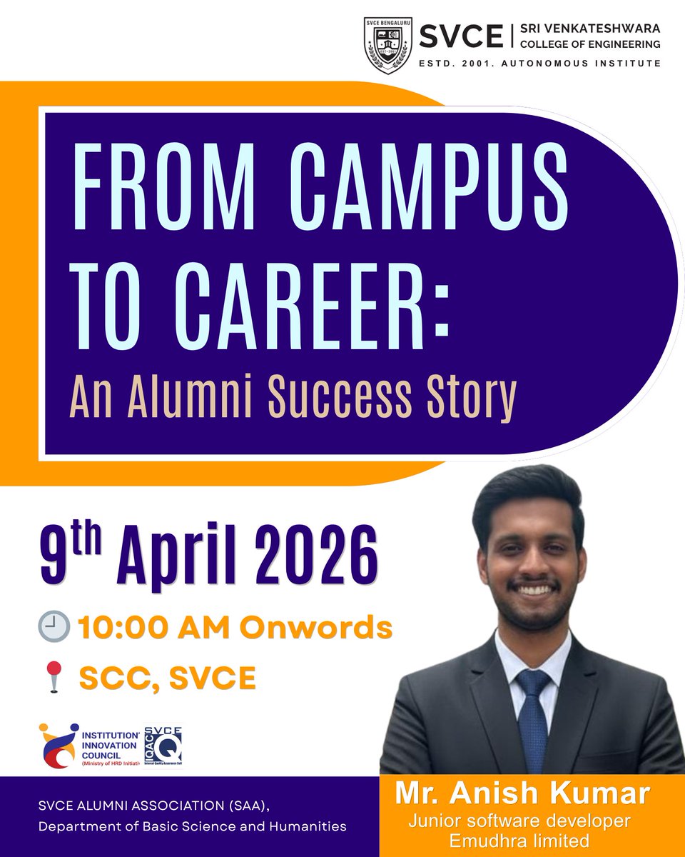 “From Campus to Career: An Alumni Success Story” by Mr. Anish Kumar, Junior Software Developer at Emudhra Limited. Get inspired by an incredible alumni journey at SVCE Autonomous, Bengaluru!
09-04-2026, 10:00 AM 
#SVCEBengaluru #AlumniTalk #FromCampusToCareer #StudentSuccess