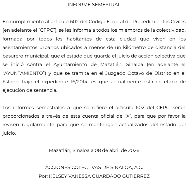 ACSinaloa's tweet photo. Les compartimos el informe semestral, relativo al juicio de acción colectiva en sentido estricto presentado contra el Ayuntamiento de Mazatlán, Sinaloa, por los daños causados a las personas que viven en las zonas cercanas al basurero municipal, por su operación irregular https://t.co/DBDphA0uIg