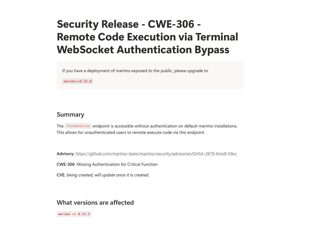 q1uf3ng's tweet photo. CVE+++
CVE-2026-39987   
@marimo_io Super fast response, great to work with.
https://t.co/15Ny9dQdKQ https://t.co/PtReG7gcv1