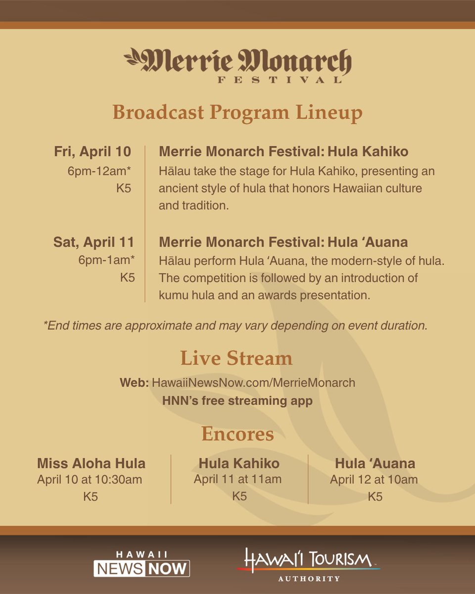 HawaiiNewsNow's tweet photo. IT'S MERRIE MONARCH WEEK 🌺 Catch all the Merrie Monarch Festival action on Hawaii News Now—from backstage interviews to competition nights, awards, and more. Swipe for the full program guide and airtimes.

🔗: https://t.co/hb4DEjzVCj https://t.co/NQeuEnOp7b