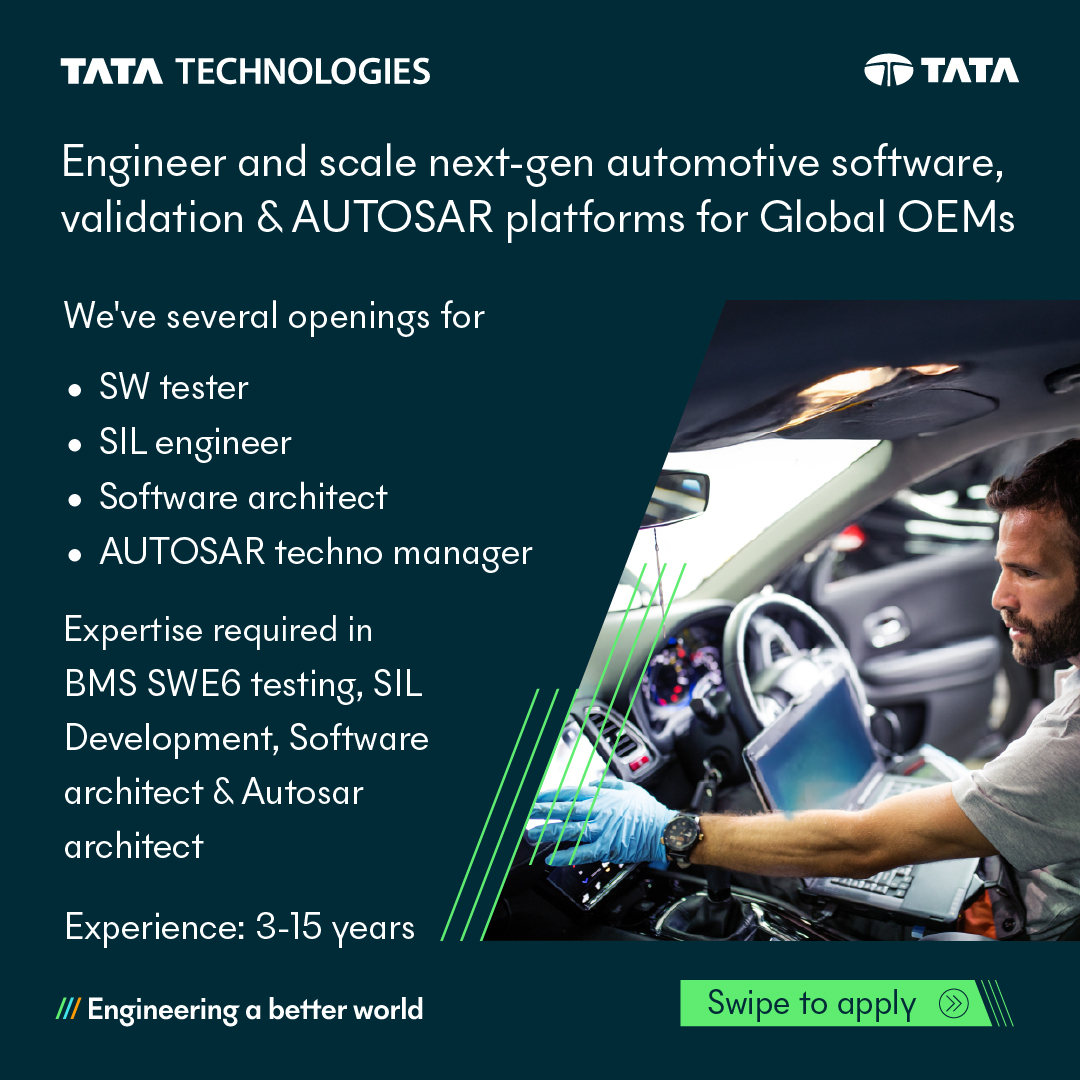 TataTech_News's tweet image. #Virtual - Virtual recruitment drive for experienced automotive engineers is now open.
 
We're looking for experienced professionals across #SoftwareTesting, #AUTOSAR, #SIL, and #SoftwareArchitect. If you have ideas that can reimagine the next-gen #ElectricVehicles, then you are