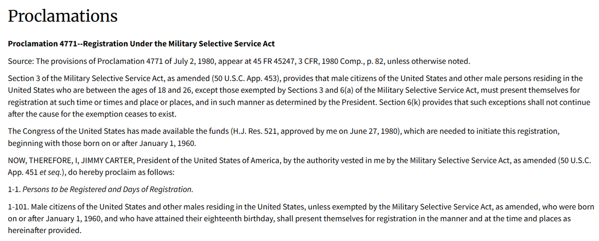 OverpaidA's tweet image. 🙄 The point is that the post is misleading: the is no automatic draft registration, because THERE IS NO DRAFT. 

Btw, the Selective Service System in its current form was implemented by Jimmy Carter back in 1980.
archives.gov/federal-regist…