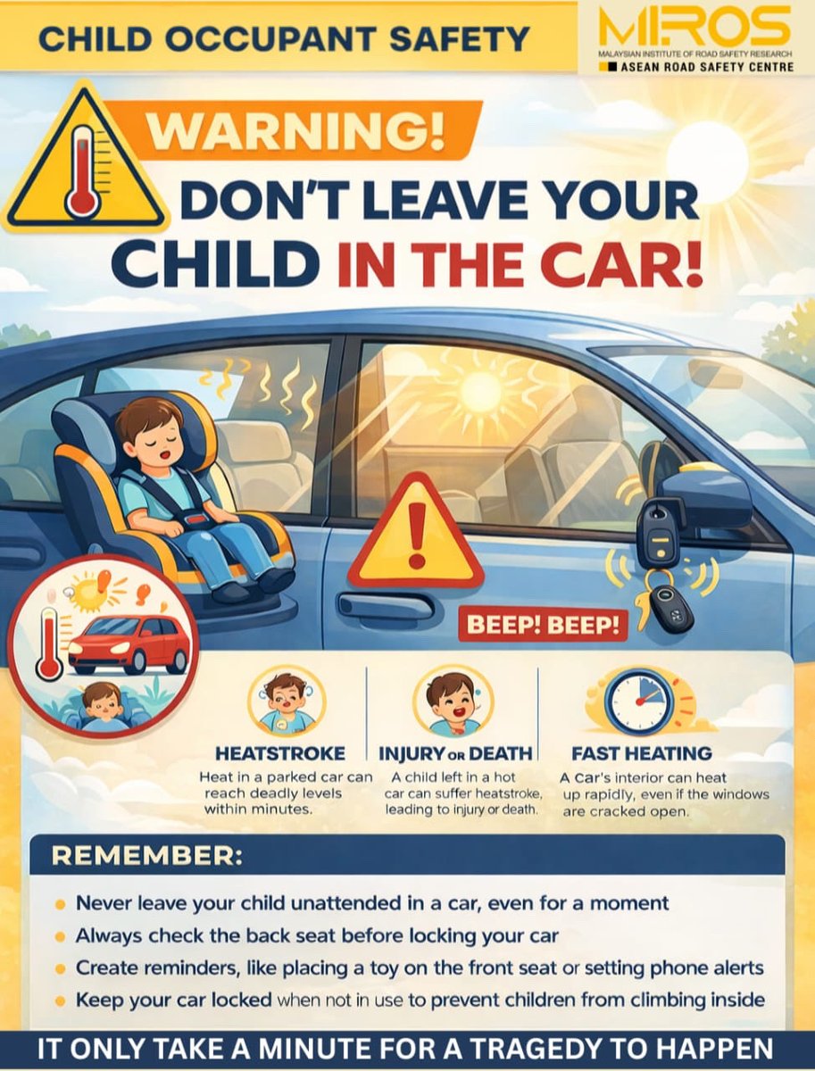 mirosroadsafety's tweet image. It only take a minute for a tragedy to happen. 
Don't leave your child in a car!

#motmalaysia #childsafety #mirosroadsafety #childreminder #heatstroke