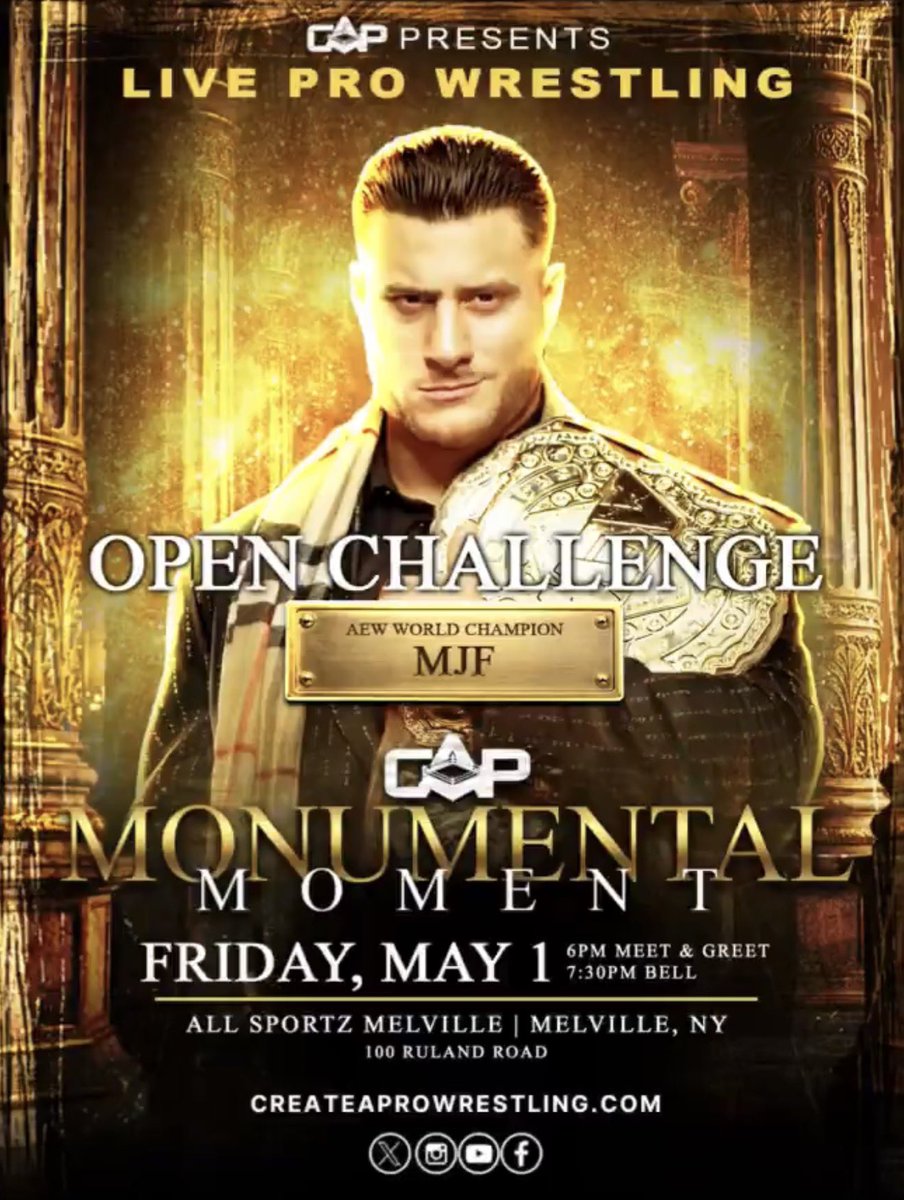 TheDrainmaker's tweet photo. After MJF vs Nic Nemeth match cancellation... both men will still work the Create A Pro show on May 1st.

• MJF will do an Open Challenge
• Nic Nemeth will wrestle Bear Bronson https://t.co/9mtpDsMYa6