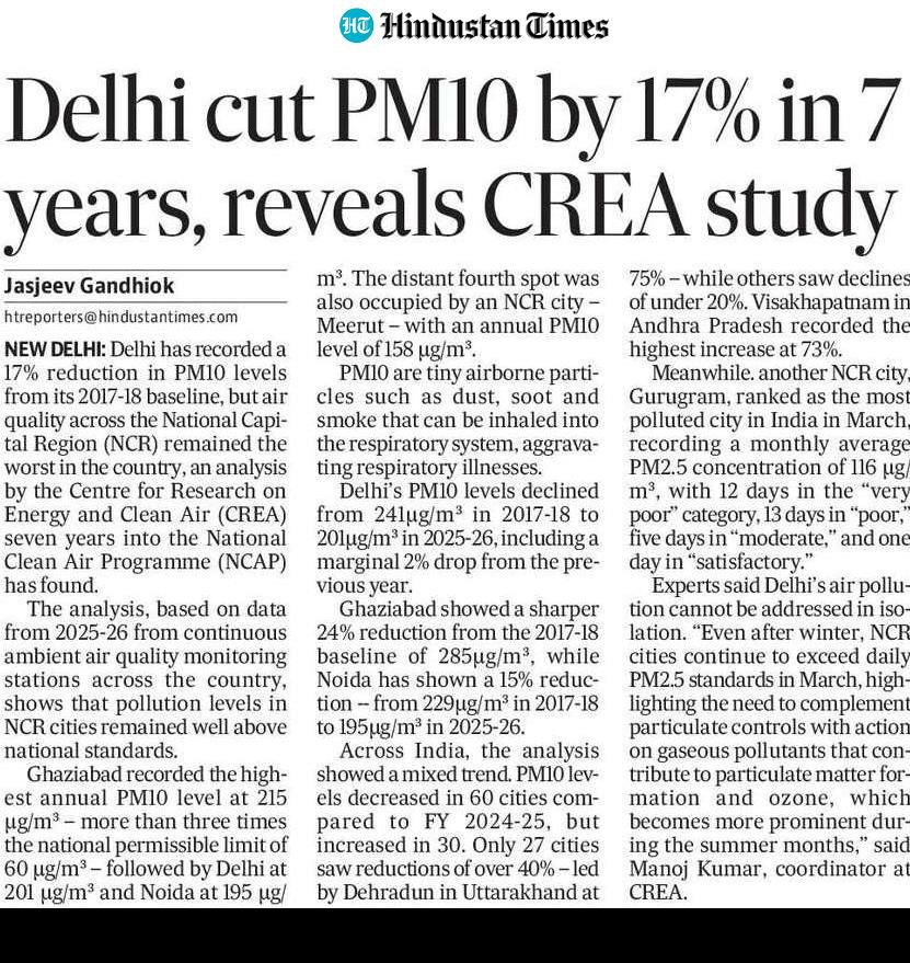 Warriormomsin's tweet photo. Delhi’s PM 10 fell 17%, but the bigger story is this⬇️
• Still 3x above safe limits.  • NCR cities among the most polluted. • 89/96 cities breaching standards.

This isn’t just a Delhi problem, it’s a regional airshed failure.

Until transport, dust, industry & regional coordination are fixed, gains will remain rather cosmetic. 

https://t.co/6om95YKTW6 via @JasjeevGandhiok @htTweets