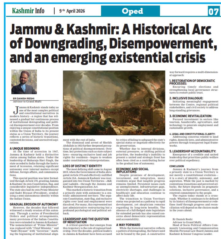 Jammu &amp; Kashmir: A historical arc of downgrading, disempowerment and an emerging existential crisis.
<a href="/INCIndia/">Congress</a> <a href="/RahulGandhi/">Rahul Gandhi</a> <a href="/priyankagandhi/">Priyanka Gandhi Vadra</a> <a href="/Jairam_Ramesh/">Jairam Ramesh</a> <a href="/NasirHussainINC/">Dr Syed Naseer Hussain, M P</a> <a href="/naukarshah/">Kannan Gopinathan</a> <a href="/GAMIR_INC/">Ghulam Ahmad Mir</a> <a href="/TariqKarra/">Tariq Hameed Karra</a> <a href="/SiddiqWahid/">Siddiq Wahid</a> <a href="/madrasikp/">Kuldeep Pandita</a> <a href="/GauravPandhi/">Gaurav Pandhi</a>  <a href="/RanaAyyub/">Rana Ayyub</a> <a href="/UN/">United Nations</a> <a href="/office_mufti/">House of Grand Mufti of JK&L</a>