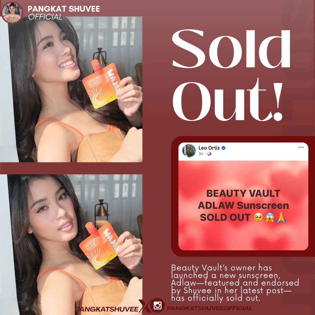 PangkatShuvee's tweet photo. BEAUTY VAULT X SHUVEE

Beauty Vault Adlaw sunscreen is sold out! Kindly wait for an announcement regarding the next supply or check Beauty Vault updates. 

Thank you, Pangkat!

#ShuveeEtrata | Shuvee Etrata https://t.co/kyXVMm7quc