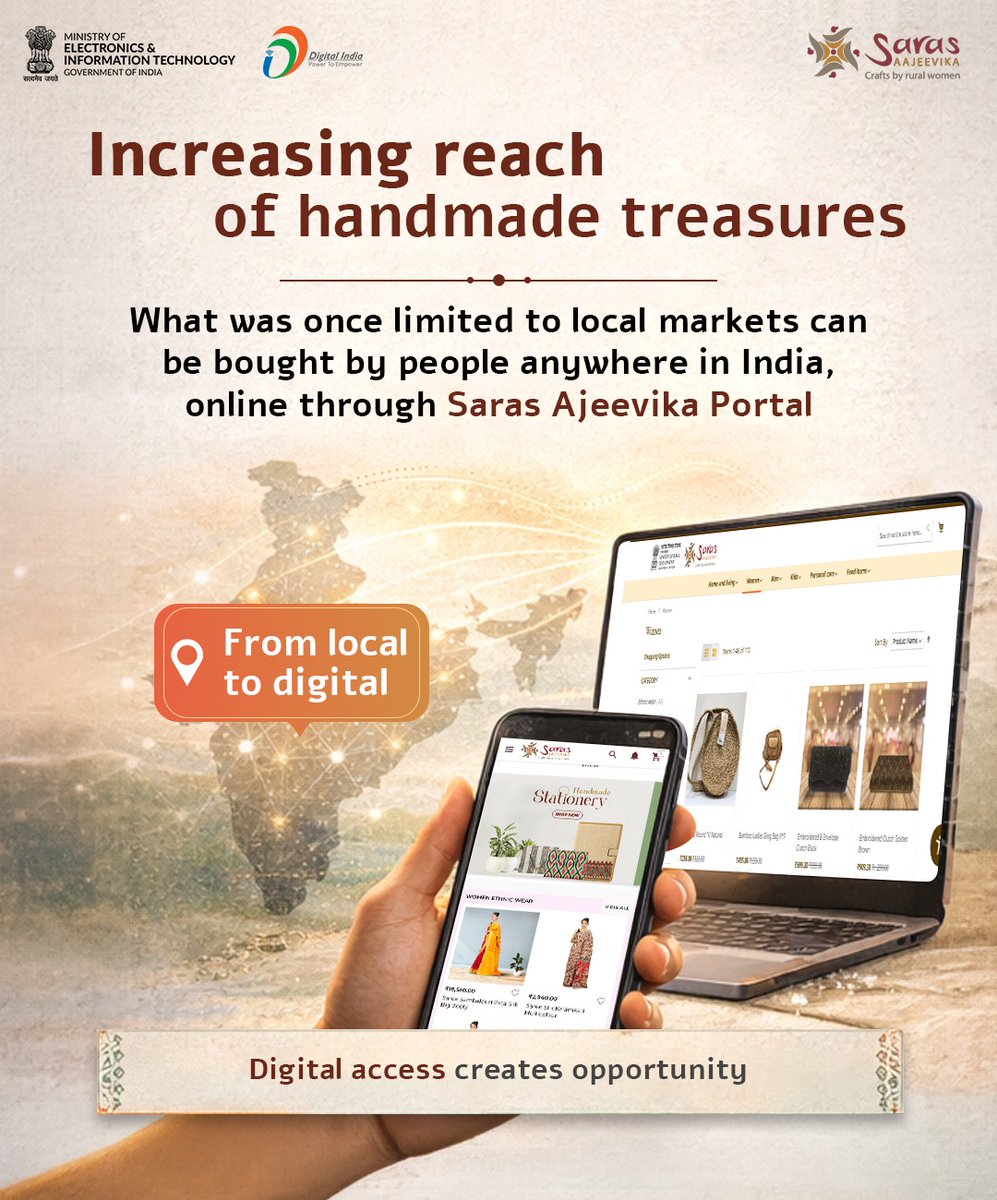 _DigitalIndia's tweet image. Digital platforms like Saras Ajeevika are helping handmade products reach more people online. It makes searching for items easier for users and opens wider opportunities for artisans.

#HandmadeWithLove #SupportLocalArtisans #VocalForLocal #SarasAjeevika #DigitalIndia