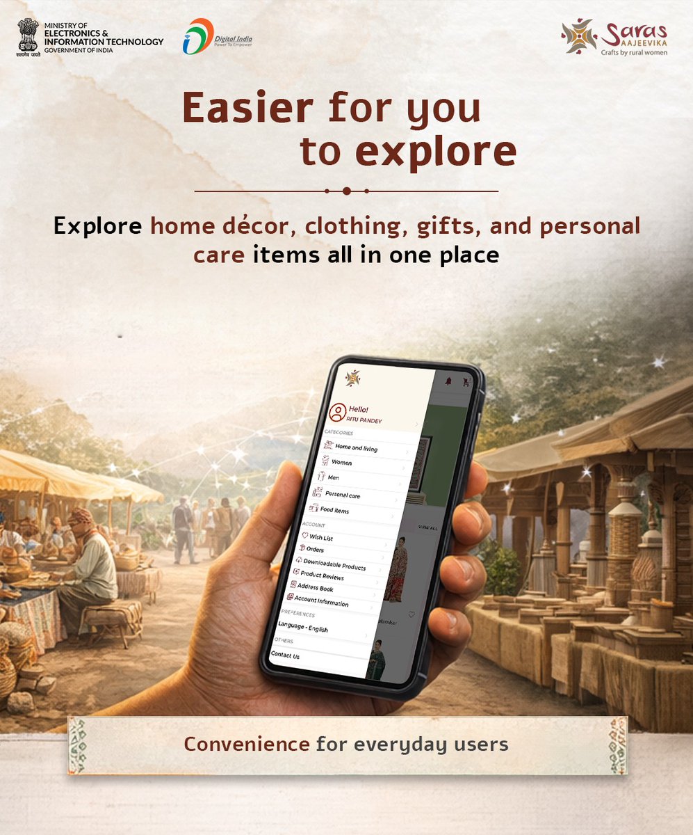 _DigitalIndia's tweet image. Digital platforms like Saras Ajeevika are helping handmade products reach more people online. It makes searching for items easier for users and opens wider opportunities for artisans.

#HandmadeWithLove #SupportLocalArtisans #VocalForLocal #SarasAjeevika #DigitalIndia