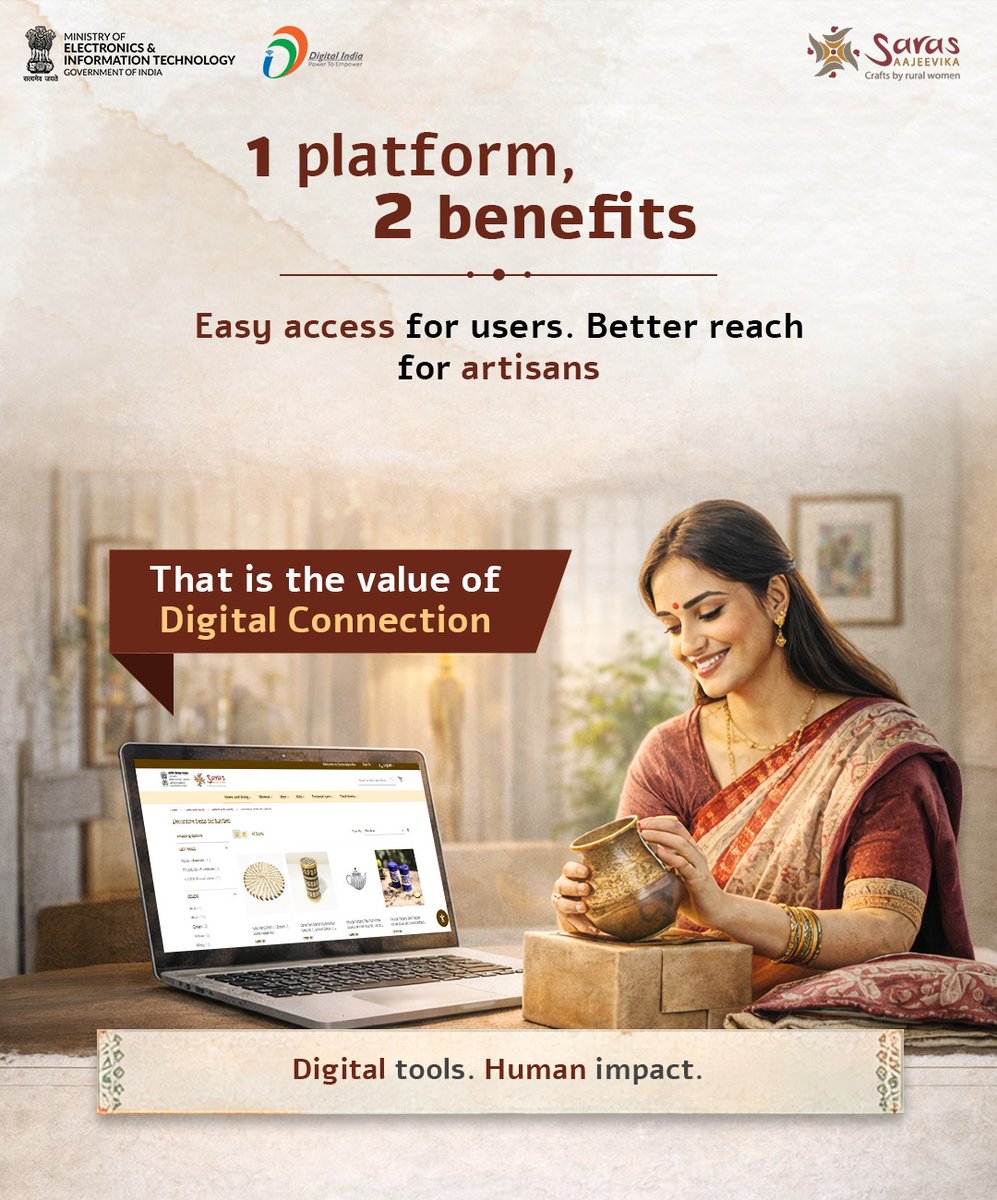 _DigitalIndia's tweet image. Digital platforms like Saras Ajeevika are helping handmade products reach more people online. It makes searching for items easier for users and opens wider opportunities for artisans.

#HandmadeWithLove #SupportLocalArtisans #VocalForLocal #SarasAjeevika #DigitalIndia