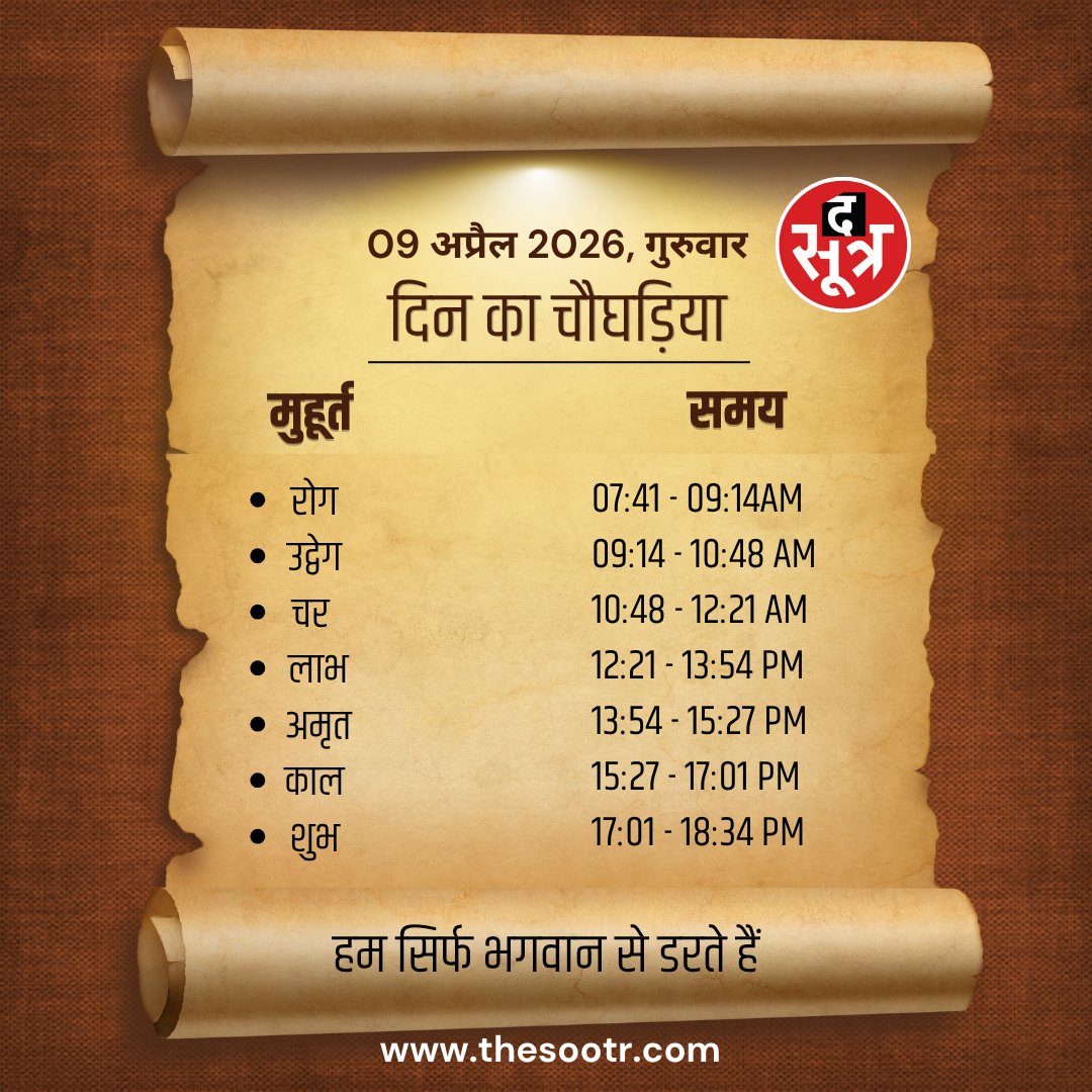 Aaj Ka Choghadiya 9 April 2026: आज करना चाहते हैं शुभ कार्य? तो जान लें आज का चौघड़िया      

#ShubhMuhurat #Choghadiya #ChoghadiyaToday