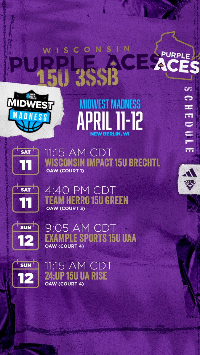 PurpleAcesWI's tweet photo. 💟adidas 3SSB Session I Prep Continues‼️
✅Prep Girls Hoops Midwest Madness 
♠️5th-17U will be in town! https://t.co/eKWoxsDjFi
