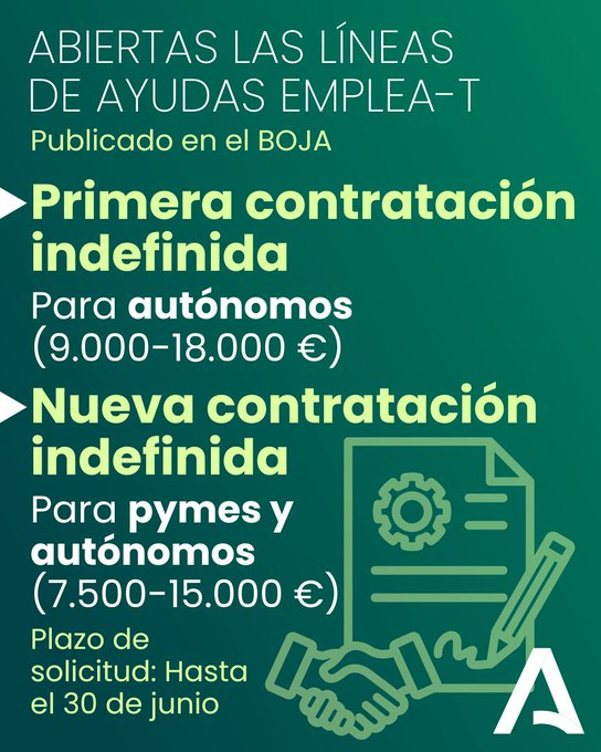 aemprende's tweet image. 🔛CONVOCADAS ayudas @EmpleoJunta para el fomento de la contratación indefinida en #Andalucía.

🟢Línea 1: Primera contratación de #autónomos.
🟢Línea 2: Nuevas contrataciones en #pymes y #autónomos.

⏳Hasta 30 junio.

✅ L1: lajunta.es/6dqwh
✅ L2: lajunta.es/6dqwi