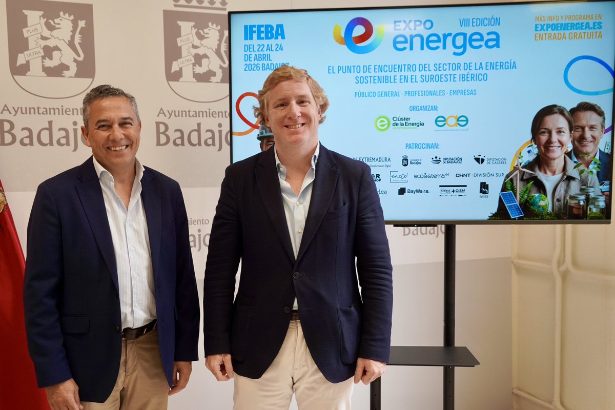 aytodebadajoz's tweet photo. ⚡️ #IFEBA acoge del 22 al 24 de abril Expoenergea 2026, punto de encuentro del sector de la energía sostenible en el suroeste ibérico, con 60 expositores y medio centenar de actividades y jornadas. 

💬 “Tanto la ciudad como la región se han convertido en punto de lanza en cuanto a eficiencia, despliegue fotovoltáico y utilización, uso y producción de energías renovables. Un sector fundamental para la región.”