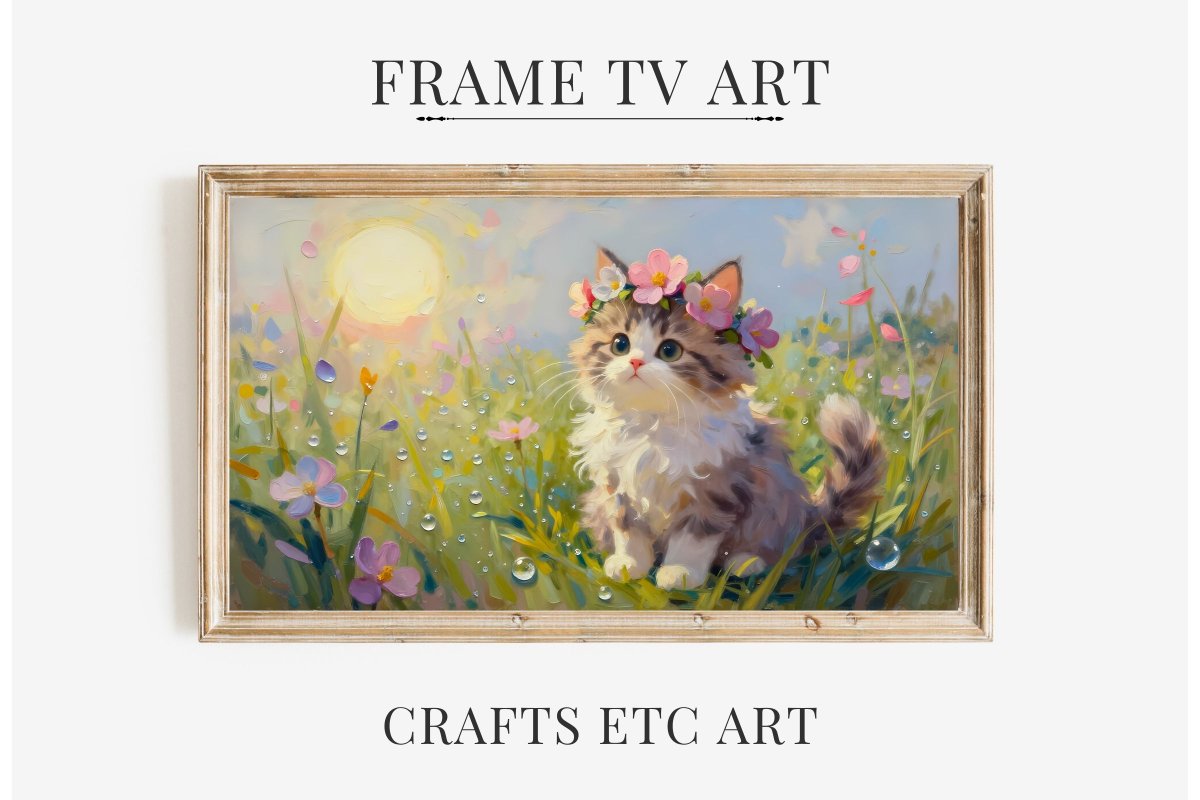 CraftsEtcOnline's tweet image. 🌸 Meet your new favourite wall companion: a dew-kissed kitten crowned in blossoms, basking in a sunlit meadow. Perfect for cosy vibes &amp;amp; Frame TV magic.
#FrameTV #DigitalArt #CatLovers #Cottagecore #WallArt #KittenArt creativefabrica.com/product/meadow…