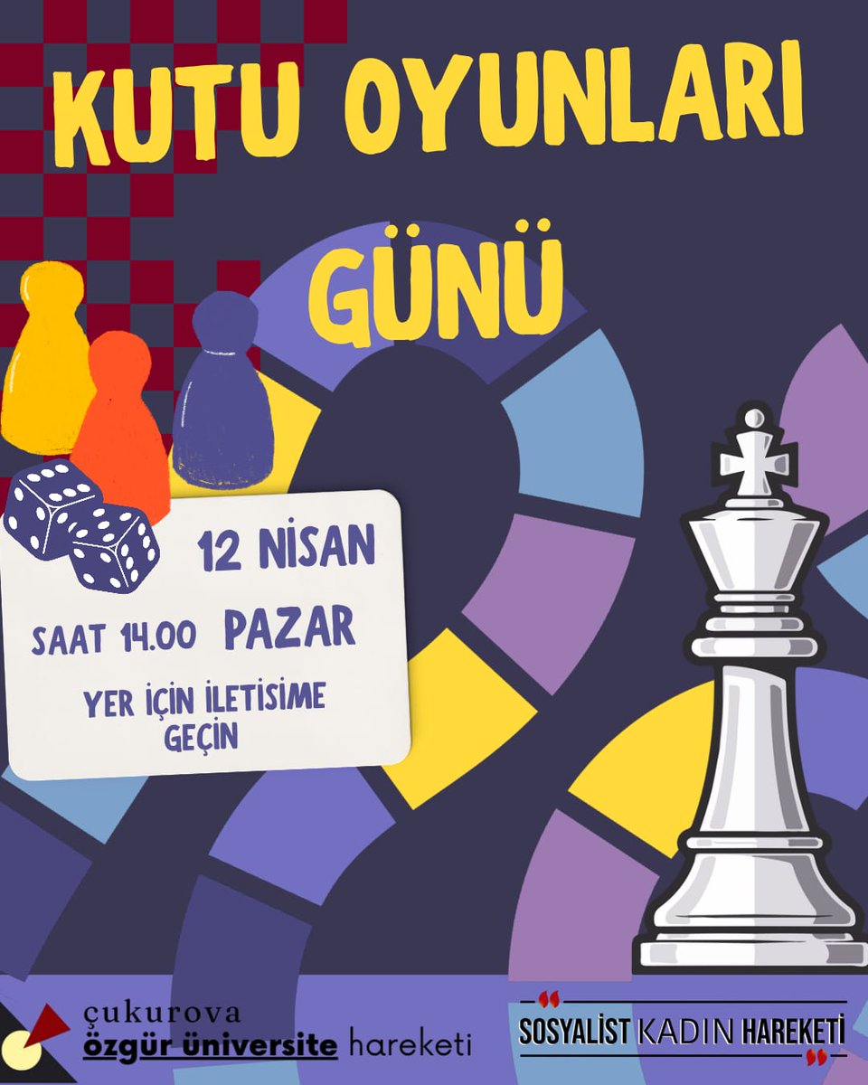 📍 Adana

Kutu Oyunları Günü’nde buluşuyoruz!
Rekabeti değil dayanışmayı, bireyciliği değil birlikte üretmeyi büyütüyoruz.
Oyunu değiştirmek bizim elimizde.
Zarı birlikte atıyor, geleceği birlikte kuruyoruz.