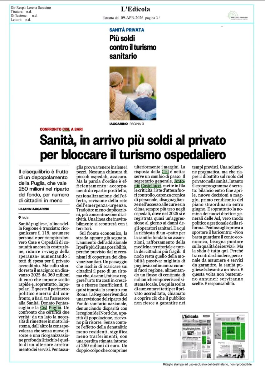 CislPuglia's tweet photo. #9aprile #rassegnastampa
@LaGazzettaWeb 
@ledicola_it 
@Quoti_Puglia 
#QuotidianodiBari https://t.co/aWVGWX9myp