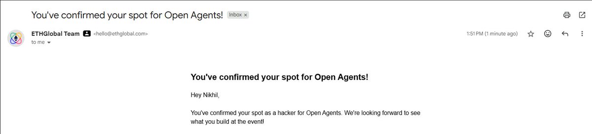 NikhilRaikwarr's tweet photo. Just secured my spot for Open Agents by @ETHGlobal! 🤖🧿🔥
Ready to build some crazy AI agents onchain at the hackathon 💻
Let’s gooo! 🚀
#OpenAgents #ETHGlobal #Web3 #AIAgents https://t.co/cCcIPNo6VC