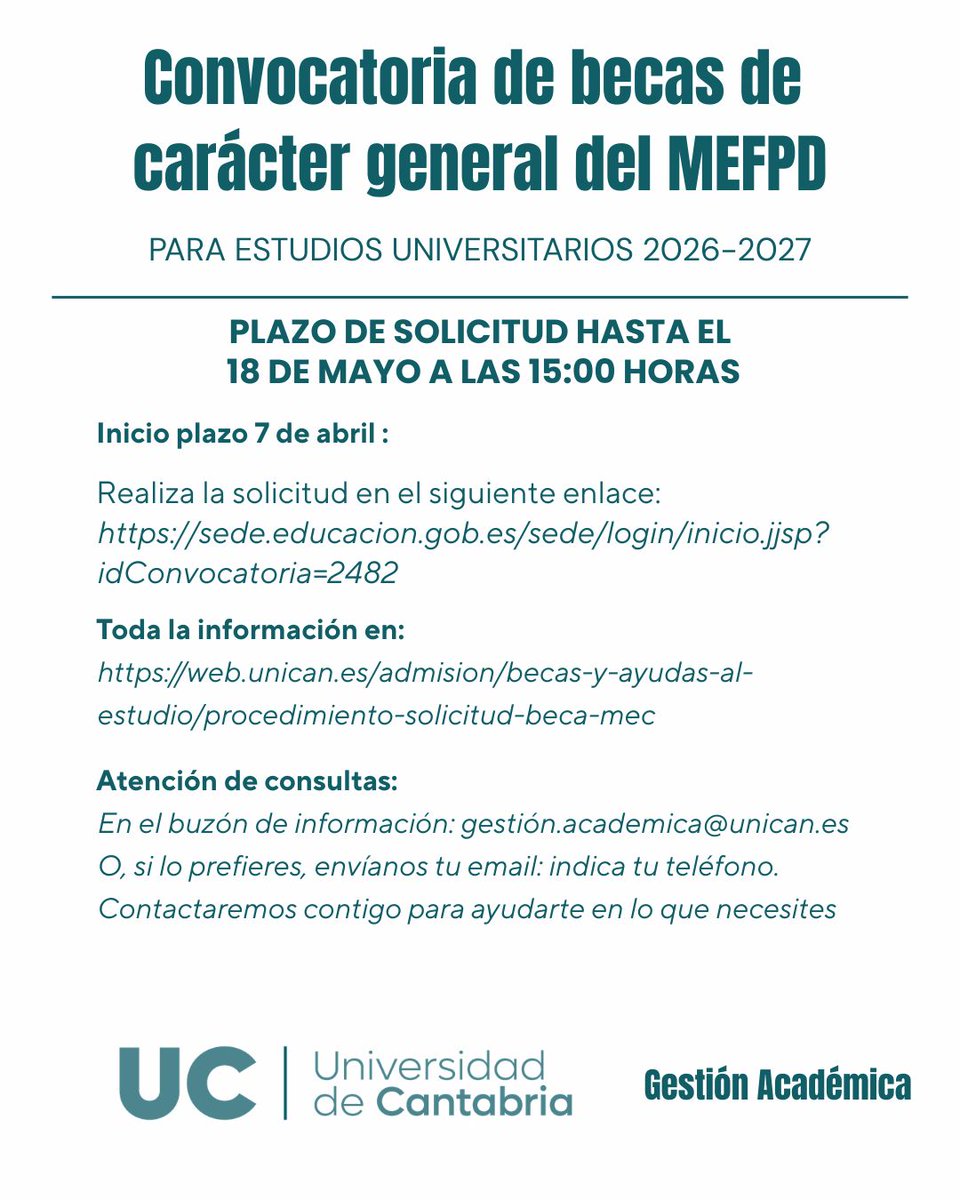 unican's tweet image. ‼️ATENCIÓN 
🎓 Abierto el plazo de solicitud de la Beca general del MEFPD para el curso 2⃣0⃣2⃣6⃣ - 2⃣0⃣2⃣7⃣
⏰ Tienes de plazo hasta el 18 de mayo en:
sede.educacion.gob.es/sede/login/ini…
ℹ️ Más info:
web.unican.es/admision/becas…
📩 Consultas: gestion.academica@unican.es
#Becas #BecaMEC #UC