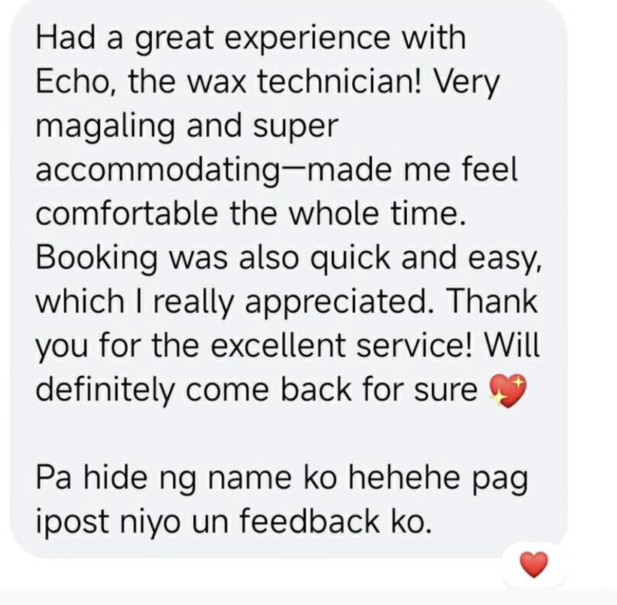 apexhausph's tweet image. ❤️ WE LOVE HEARING FROM YOU ❤️

Thank you so much for trusting us! We are so happy you loved the service. See you again soon! ✨

#ClientLove #Feedback #GreatService #ApexHaus #Waxing #HappyClients
