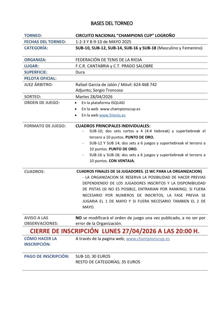 “CHAMPIONS CUP LOGROÑO 2026”. 
Otro año más Logroño acogerá una prueba de este prestigioso circuito nacional. 
ABIERTA LAS INSCRIPCIONES!!!
#abrazatealtenis