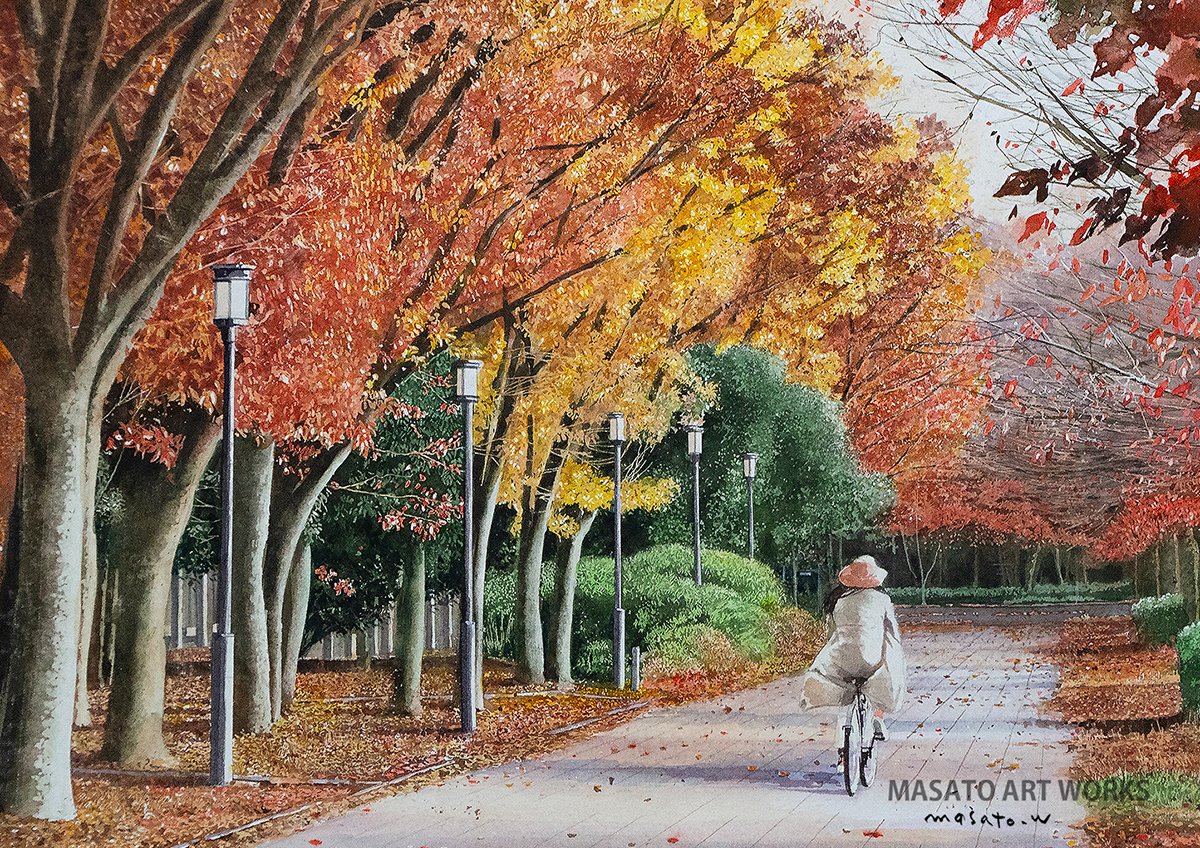 water18color's tweet image. 【水彩画プリント作品追加】紅葉の中を颯爽と⚫︎水彩画と鉛筆スケッチのアートプリント販売 ⚫︎A3サイズ用紙（描画範囲A4程度）　Masato Art Works　 #artprint #手描き水彩画