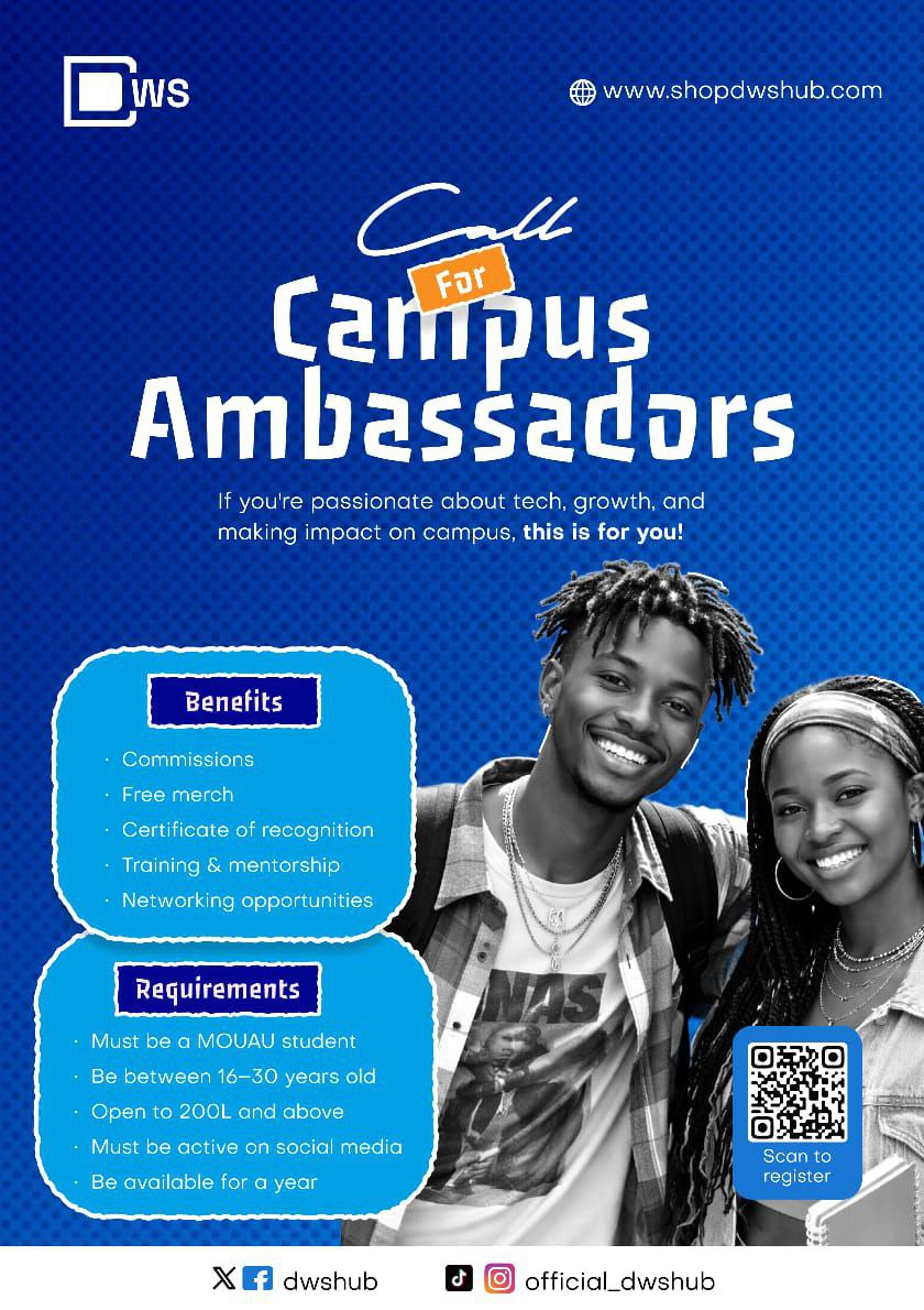 DWSHub's tweet photo. MOUAU Students! ✨ 

DWS HUB is launching its Campus Ambassador Programme! 

Passionate about tech, marketing &amp; leadership? 

This is your chance to represent a growing tech brand, build influence, gain experience, and earn while in school. 

Apply now! Link in first comment https://t.co/4zw5p7OeCu