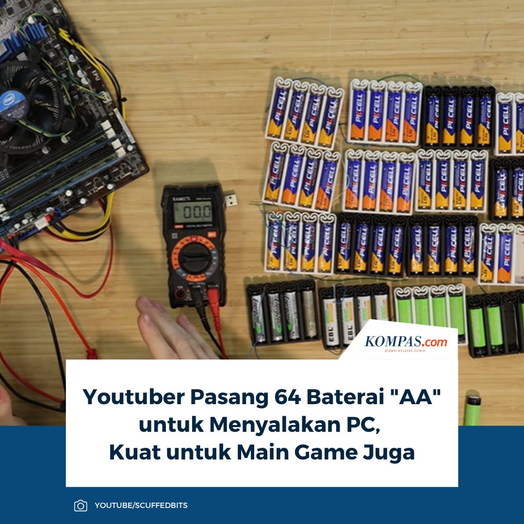 kompascom's tweet image. YouTuber teknologi ScuffedBits berhasil menyalakan PC untuk bermain game selama sekitar 33 menit hanya dengan 64 baterai AA campuran.

👉🏻Baca selengkapnya tekno.kompas.com/read/2026/04/0…

~AM #Baterai #Game #YouTuber