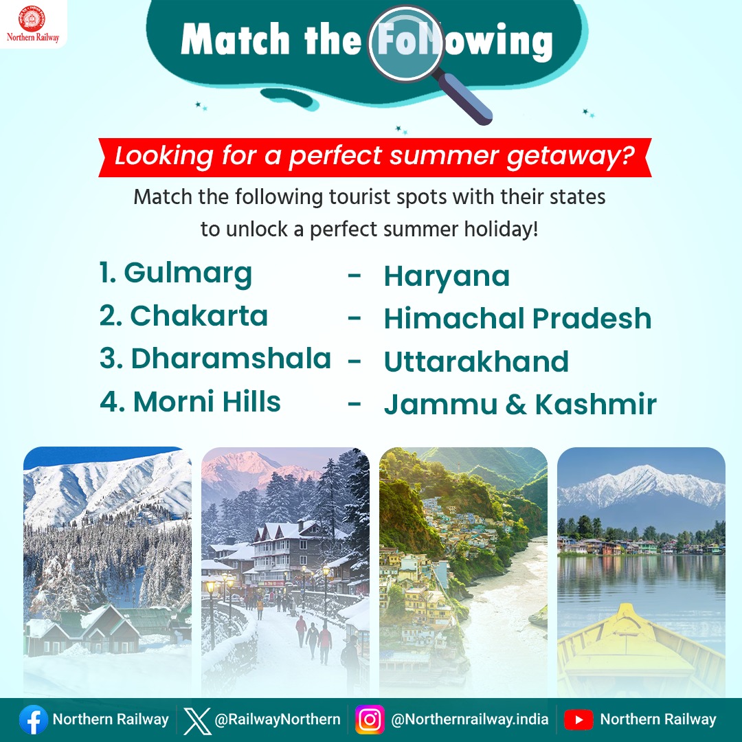 RailwayNorthern's tweet photo. Looking for a perfect summer getaway?
Match the following tourist spots with their states to unlock perfect summer holiday destinations and comment your answers below:
#MatchTheFollowing https://t.co/6W1CWTFiVw
