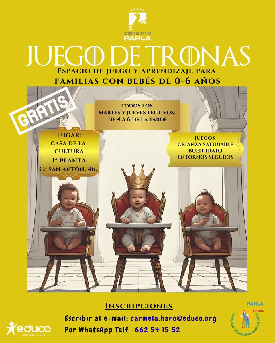 AytoParla's tweet image. 👧🏼👶🏿🧒🏻 🪁🎲🧩🎯🎨 Hoy como todos los jueves lectivos en #Parla de 16:00 a 18:00 h Juego de Tronas para familias con bebés de 0 a 6 años Y para  mayoresde 6 a 14, Cuarto de Juegos domingos 10:30 a 13:30 h, #gratis

ayuntamientoparla.es/servicios/adol…

@AytoParlaOrbita @issama_avila